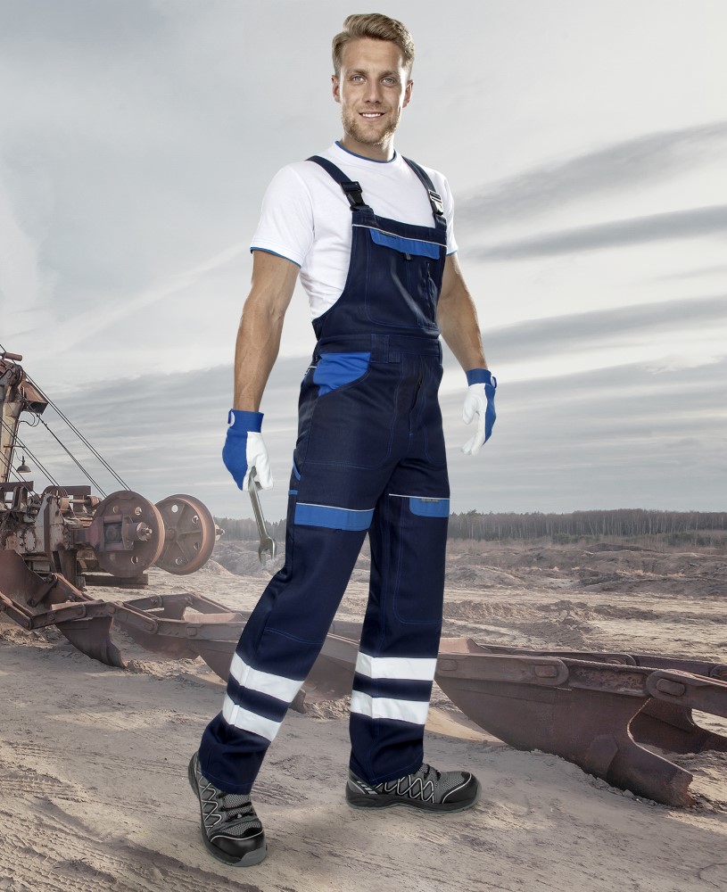 Pánské pracovní kalhoty s laclem ARDON® COOL TREND s reflexními pruhy - tmavě modrá / světle modrá,