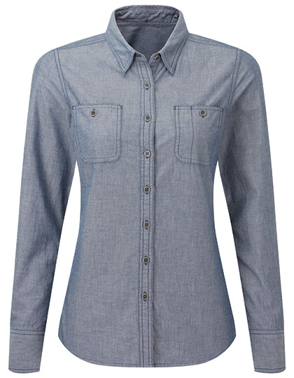 Dámská košile s dlouhým rukávem Premier Workwear Women´s Organic Chambray Fairtrade Long Sleeve Shirt Indigo Denim